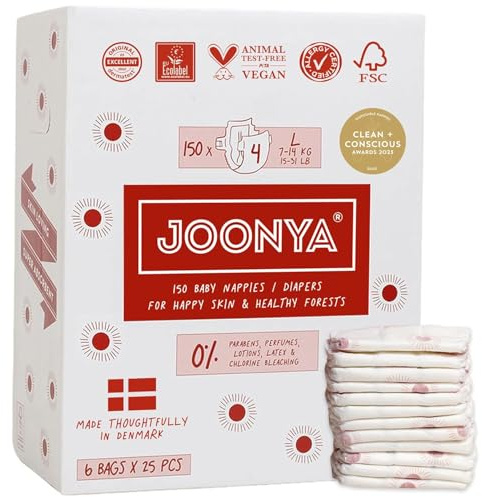 Joonya Baby Diapers, Size 4 L (15-31 lb) - 6 Bags of 25 (150) - Non Toxic, Eco-Friendly, High Absorbency, Overnight Use, Ultra Slim & Soft - Made in Denmark
