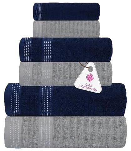 Casa Copenhagen Elegance 6-teiliges Handtuchset, Marineblau + Grau, 550 g/m², 2 Badetücher, 2 Handtücher, 2 Waschlappen aus weicher ägyptischer Baumwolle für Badezimmer, Küche und Dusche