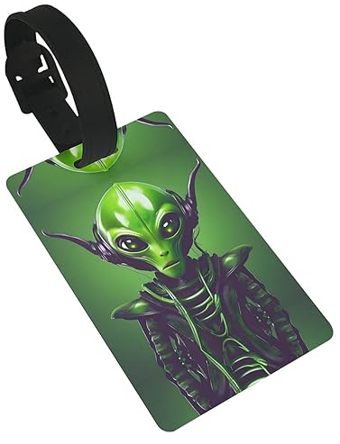 Mqgmz Kofferanhänger mit langen Ohren, Alien-Druck, Gepäckanhänger, Etiketten, Instrumenten-Ledertasche, Koffer, Reisezubehör, Grün