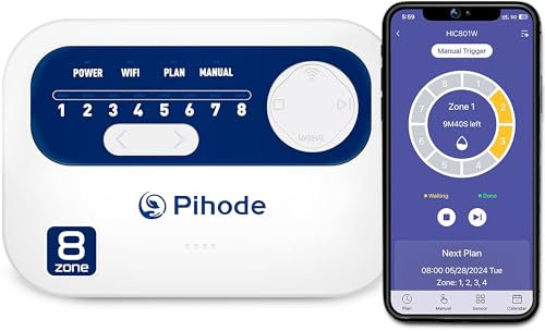 Pihode 8-Zonen-Smart-Sprinkler-Controller, WLAN-verbindbares intelligentes Bewässerungssystem und App-Fernbedienung, intelligente Funktionen, Regenüberspringung, individueller Bewässerungsplan und