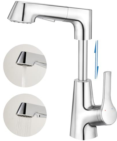 Aktines Robinet de lavabo pour salle de bain réglable de haut en bas avec douchette extractible à 2 fonctions, mitigeur monocommande rotatif à 360° pour lavabo de salle de bain, chromé poli