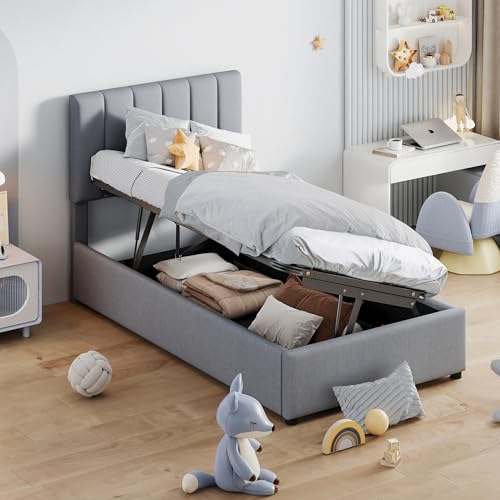 Boxspringbett Polsterbett 90x200, Gepolstert Bett mit Großer Stauraum und Kopfteil, Einzelbett mit Bettkasten und Lattenrost, Hydraulisch Stauraumbett Jugendbett Bettrahmen, Leinen,Grau,ohne Matratze