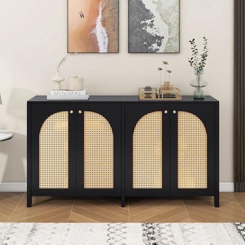 Merax Buffetschrank Küche, Rattan Kommode, Moderner stilvoller Sideboard mit 4 Türen, Großes Aufbewahrungsschrank für Esszimmer, Wohnzimmer und Küche, Schwarz