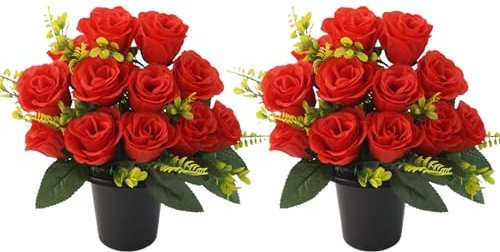 2pcs Pots de fleurs tombes 12 têtes Fleurs artificielles du cimetière de rose rouge, fausses fleurs de tombe funéraire pour le cimetière commémoratif décoration de fleurs intérieures et extérieures,