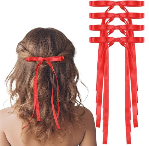 4 Stück Seidige Satin-Haarschleifen, Haarschleifen Clips Rot Metallklammern Haarschleife Rot Schleife Haare für Damen