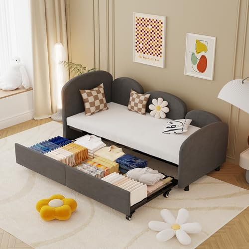Samt Gepolstert Daybed, mit Lagerung Schubladen, Moderne Sofa-Bett Daybed Rahmen für Schlafzimmer Wohnzimmer, Geeignet für Wohnzimmer, Kinderzimmer, Schlafzimmer (Dunkelgrau, 90x200cm)