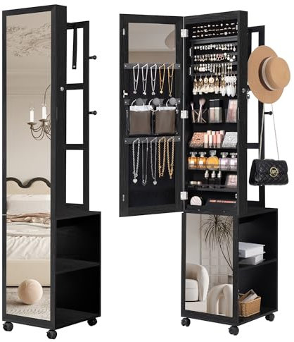 Hzuaneri Schmuckschrank, Spiegelschrank, stehender Schmuck-Organizer mit 1 Kleiderständer, 3-stufige Ablageflächen mit 4 Kleiderhaken, Schwarz JC17004B