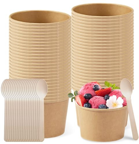 Lot de 50 coupes à glace, en carton, écologiques, universelles, 240 ml, avec 50 cuillères, en carton, compostables, marron, pour glace, dessert, amuse-bouches