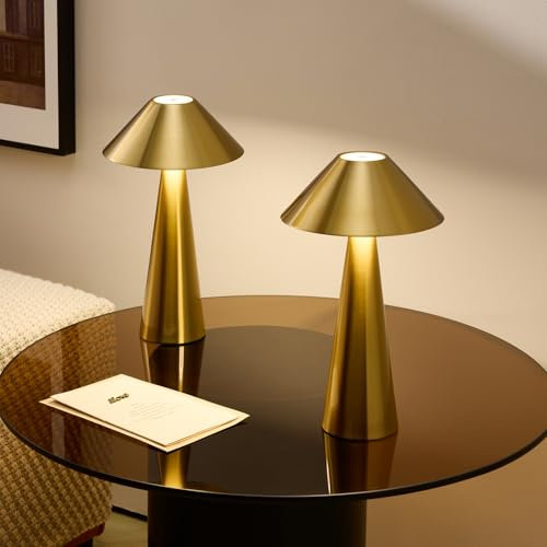 Bojim 2 Pezzi Magnetica Lampada da Tavolo Senza Fili, Lampade LED USB Ricaricabile Batteria Table Ristorante, Touch Dimmerabile Luci Garden, Testa Della Lampada Girevole Esterno, Metallo, IP54, Oro