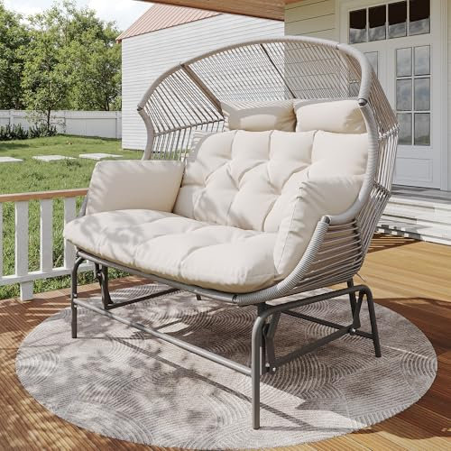 Merax Gartenschaukel 2-Sitzer, PE-Rattan Hollywoodschaukel mit Sitzkissen, Schaukelbank Gartenbank Verandaschaukeln, Patio Hängesessel, Outdoor Doppelschaukel für Garten Balkon Veranda, Grau