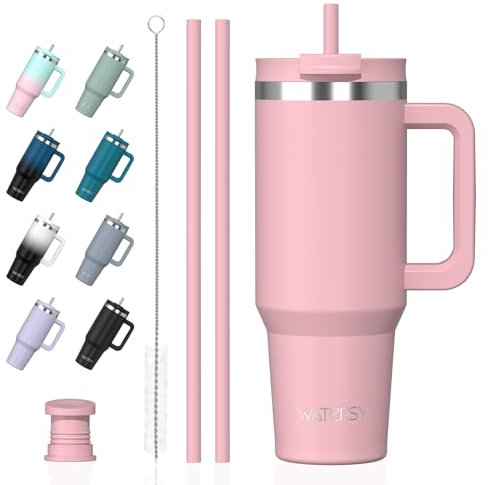 Watersy Gourde Isotherme Inoxydable 1,2 L avec 2 Pailles, Gobelet à Café anti-Fuite, Isotherme Sous vide avec Couvercle à vis sans BPA, Gourde Rafraîchissante Pendant 12 Heures, Rose Clair