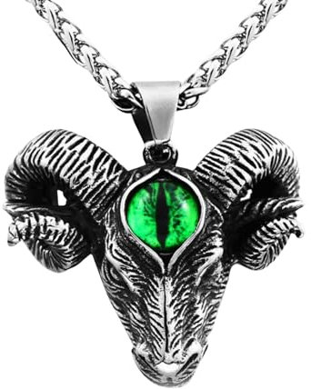 Sumpgle Euro Vintage Ram Head Pendant Classic Men's Stainless Steel Green Eyeball Necklace Gift Choice Personality Jewelry