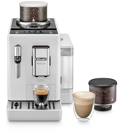De'Longhi Rivelia EXAM440.35.W Kaffeevollautomat mit Milchaufschäumdüse, Wechselbarer Bohnenbehälter, 8 Kaffeegetränke auf Knopfdruck, Extra-Shot-Funktion, 3,5 Touch-Display, Arctic White