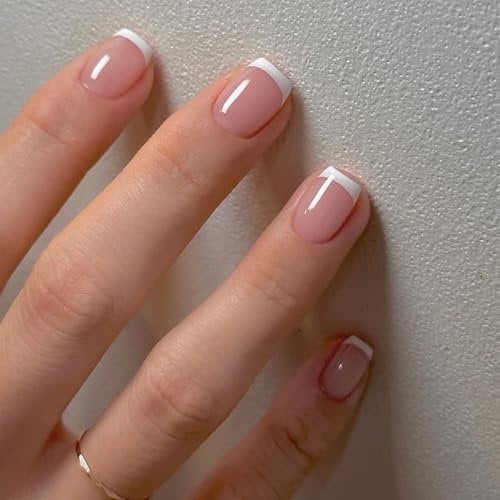 MOTIBACK French Tip False Nails, High-Gloss Kiss Nails, Effortless Application Press On and Stylish Fake Nails, Easy Peel & Stick Stick On Nail for Women Girls Nail Art (Nude Pink)