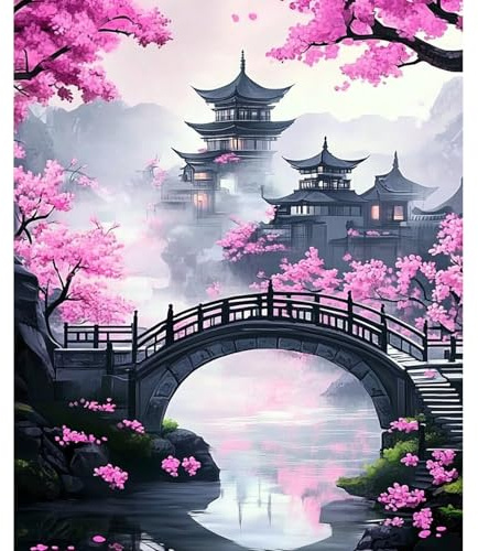 NEWENMO Arquitectura China Pintar por Numeros Kit,Flores de Cerezo Pintura por Numeros Adultos,DIY Paint by Numbers Kits,con Pinceles,Pigmento Acrílico,para Decoración de Hogar(40x50cm,Sin Marco)