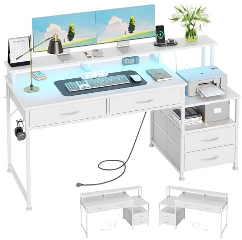 Escritorio para Ordenador con 4 cajones y enchufes Integrados, Escritorio Reversible para Oficina en casa, Mesa de Juegos con Monitor e Impresora, luz LED para Dormitorio (Blanco)