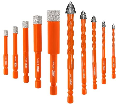 BGTEC Juego de brocas de metal duro dentado, 10 unidades, 5/6/8/10/12 mm, juego de brocas para piedra y 6/6/8/10/12 mm para madera, plástico, ladrillo, azulejos, vidrio, hormigón y mármol