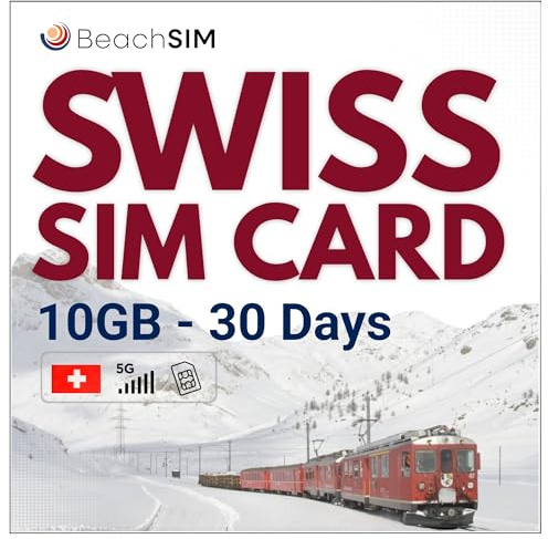 BeachSIM Schweiz SIM Karte 30 Tage. 10 GB Datenvolumen mit 4G/5G-Netz. Nur Prepaid-Daten. Schnelle Aktivierung. Einfaches Aufladen. Android- und iOS-kompatibel.