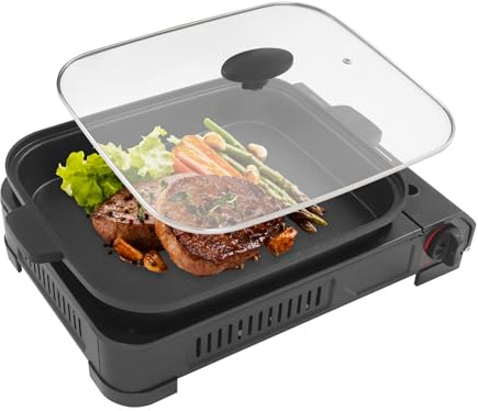Tragbarer Gasgrill, Kocher mit Grillpfanne und Deckel, tragbarer Gaskocher, Butangas-Campingkocher, Outdoor Tischgrill, Camping Herd für Camper, Wandern, Outdoor