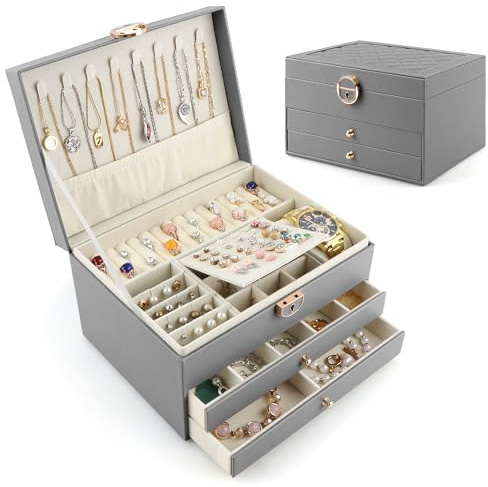 Lacusmall Schmuckbox 3-lagig, Schmuckaufbewahrung mit 2 Schubladen, Leder-Schmuckorganizer, geräumige Aufbewahrungsbox ideal für Ohrringe, Ringe, Halsketten und Armbänder, Grau
