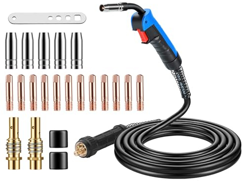 MB15AK MIG/MAG Schweißbrenner Set, 4m Schlauchpaket Schutzgas mit Euro-Anschluss,22-tlg. Verschleißteil-Set inkl. Kupfer-Diffusor & Kontaktdüsen,180A für CO2 Argon Schweißen in Werkstatt & Industrie