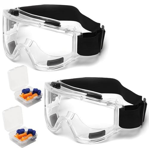 2 Stück Schutzbrille, Arbeitsschutzbrille für Brillenträger, mit Ohrstöpsel | Staubdichte Schutzbrillen, Transparent Staubschutzbrille, Antibeschlagbrille Sicherheitsbrille