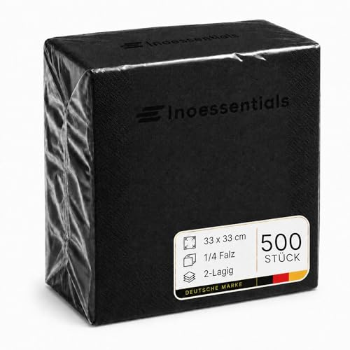 Inoverse Servietten Schwarz 33 x 33 cm 500 Stück, Papierservietten | 2-lagig 1/4-Falz einfarbig, Einwegservietten, für Hochzeit, Buffet, Party, dekorative Tischservietten für Gastronomie