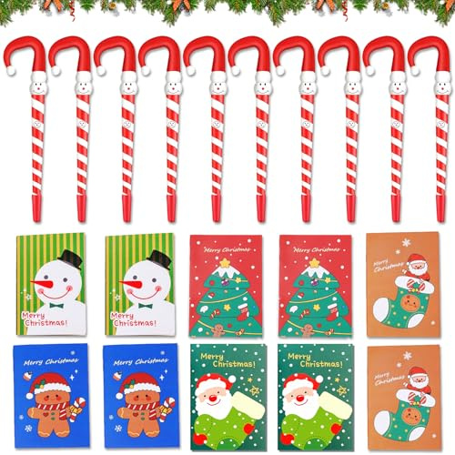 Stylo à Bille de Noël,10 pièces Stylos à Bille en Forme de Canne de Bonbon+10 Pièces Mini Bloc-notes De Noël,Gel Encre Stylos,Stylo à Encre Gel pour Noël,pour École,Bureau,Famille Papeterie Fourniture
