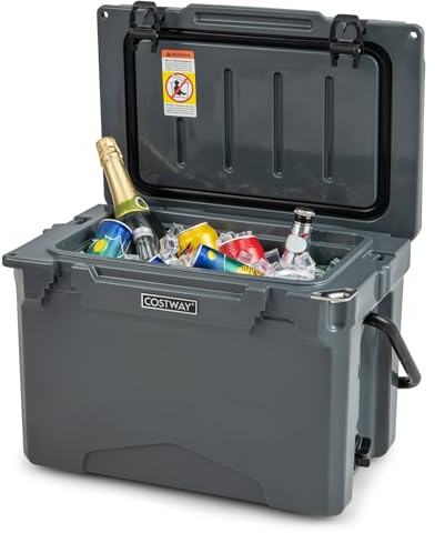 GOPLUS Enfriador Rotomoldeado 21 L, Refrigerador Portátil de Frío de 5 a 7 Días, Portavasos Dobles, Abridor de Botellas, para Acampar, Pesca, Picnic, Barbacoa (Gris)