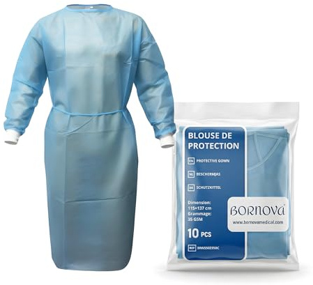 50 Stück - Patientenkittel & Isolationskittel – Einweg-Schutzkittel/Besucherkittel – Krankenhauskittel - Schutzkittel für Pflege – PP-Vlies – Universalgröße – Hellblau – 35 g/m² - BORNOVA