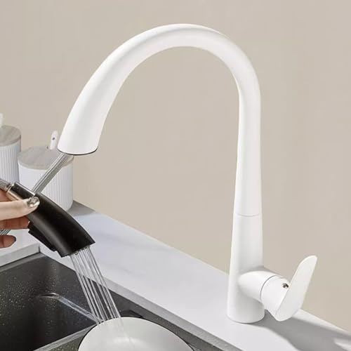 MOCHAMIK Kitchen Sink Taps Mixer Waterfall Kitchen Mixer with Pull-out Shower 360° Swivel Kitchen Tap Brass Pull-out Kitchen Tap-,White