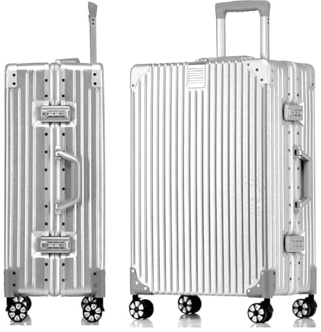 Aoliwei Aluminiumrahmen Koffer L (69cm) – Robuster 100% PC Hartschalen-Trolley, 60L Mittlerer Reisekoffer für Check-in, Metall-Optik, TSA-Schloss, 4 leise 360° Doppelrollen, Silber