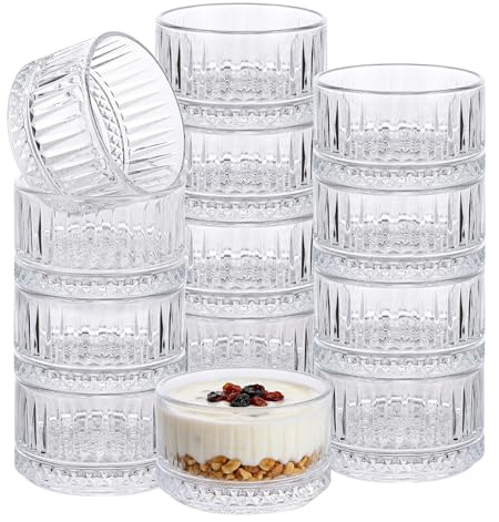 LDXDRU 12PCS Round Dessert Bowls, 250ml Small Glass Dessert Bowl, Ribbed Ice Cream Bowls for Sundae Salad Fruit and Parfait- 8.3×5cm