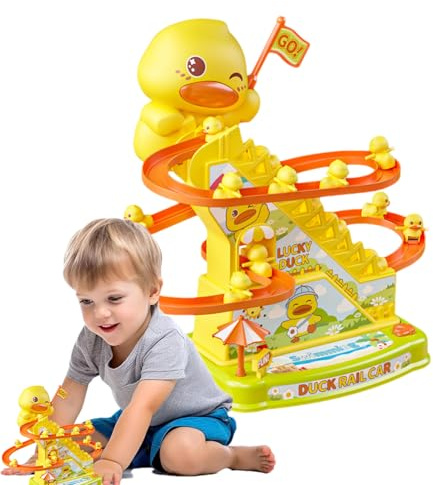 Small Duck Climbing Toy - 27.5x23x14.5cm ABS Build Flashing Lights Music Roller Coaster Design Interactive Playset | Kids Hand-Eye Coordination Development Parent-Child Activity Fun Entertainment