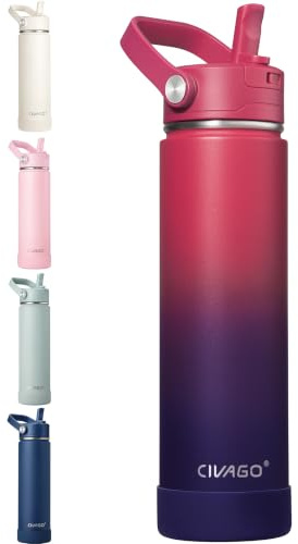 CIVAGO Insulated Stainless Steel Water Bottle with Detachable Straw, 750ml Metal Sports Drink Bottle with Bucket Handle, Leakproof Reusable Flask with Silicone Boot, Dishwasher Safe, Dark Rainbow