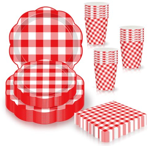 80pcs White and Red Gingham Paper Plates and Napkins Party Tableware Disposable Set,Scalloped Checkered Dessert Plate Cups Napkin Serviettes Dinnerware for Christmas Birthday Baby Shower Picnic Party