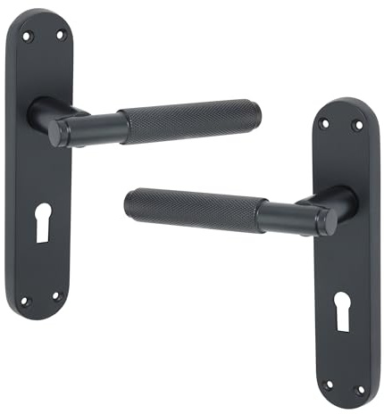 LYRA Modern Style Knurled Design Lever Lock Door Handle on Backplate Set 185mm x 40mm Matt Black Passage Pulls – for Internal & External Door