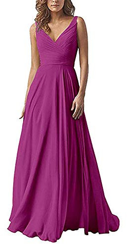 Leader of the Beauty Vestido largo de gasa con cuello en V doble para dama de honor, vestido de noche de boda, fucsia, 48