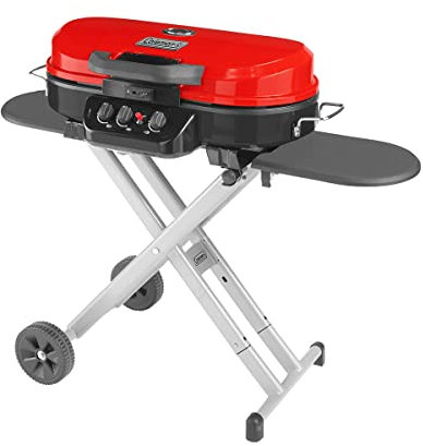 Coleman Roadtrip 285 Portable Stand-Up Propane Grill Gas Grill with 3 Adjustable Burners and Instastart Push-Button Ignition; Grease Tray Side Tables Thermometer Folding Legs & Wheels Included