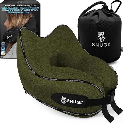 SNUGL Nackenkissen Memory Foam Waschbar & Verstellbar | Kuscheliges Nacken Reisekissen Für Flugzeug, Auto & Unterwegs | Reise-Kissen Nackenhörnchen, Neck Travel Pillow (Olivgrün, Erwachsener Normal)