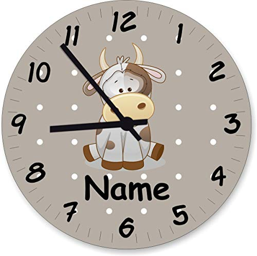 Shirtinstyle Wanduhr Kinderzimmeruhr Kuh mit Wunschnamen Geschenk Uhr Kinder Handmade, 20cm, Farbe Pastellbeige