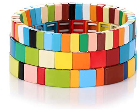 NVENF Bracciali con piastrelle smaltate arcobaleno braccialetti con perline color block impilabili braccialetti elasticizzati bohémien piastrelle filo braccialetto set per donne uomini, 2.5 inch,
