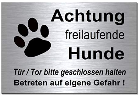 Achtung freilaufende Hunde-Schild-Hundeschild-300 x 200 x 3 mm-Aluminium Edelstahloptik-Hunde-Tierschild-Warnschild-Hinweisschild (133-25 Alu.-silber 30 x 20 cm mit Löcher)
