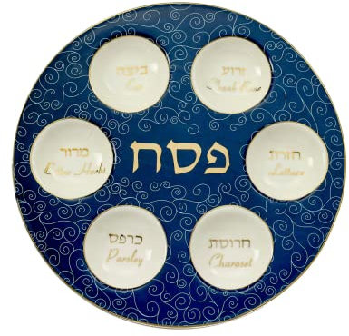 Rite Lite Piatto bianco e blu con dettagli dorati, elegante e moderno, ricetta per pesach haggadah, tradizionale ebraico e inglese, decorazione ebraica per feste ebraiche e feste (piatto Seder)