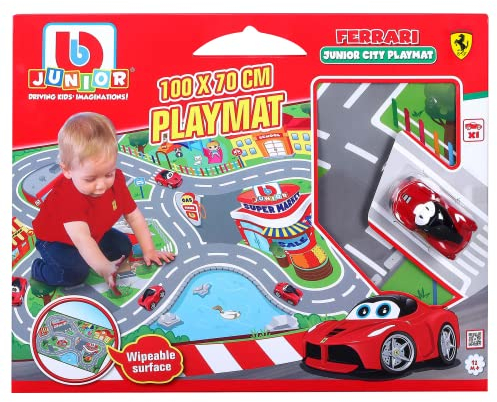 BBJunior Ferrari Junior City Playmat: Abwaschbare Spielmatte mit Straßen- & Häuser-Aufdruck, inkl. Spielzeugauto LaFerrari, 100 x 70 cm, ab 12 Monaten (16-85007)