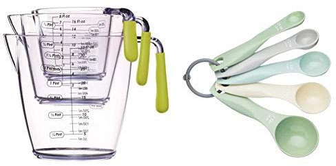 KitchenCraft CWMJUGSETGRN Colourworks 3 Piece Measuring Jug Set - Green & Measuring Spoon Set, 5 Spoons for Measuring Food, Durable, Stain Resistant and Dishwasher Safe Plastic, Classic Colour
