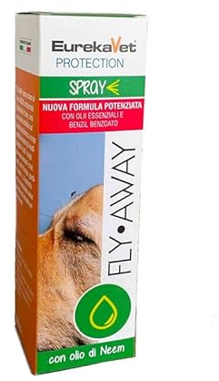 FLY AWAY Eurekavet Spray Antiparassitario 100% Naturale con Olio di Neem - Efficacie Contro: Mosche, Tafani, Flebotomi, Zanzare, Pulci, Zecche, Acari. Antipulci Spray 200ml Cani e Gatti.
