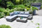 GSD St Lucia Corner Sofa Sun lounger Rattan Wicker Luxury Garden Set - In Grey w/Grey/Blue Cushions