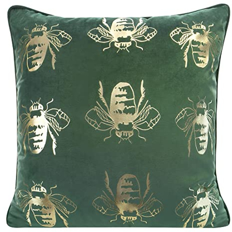 Eurofirany Elegante Velvet Kissenbezüge Dekokissen mit Aufdruck 45x45 cm Bezug Samt Kissenhülle Weiche Sofakissen, Goldene Bienen, Dunkel Grün