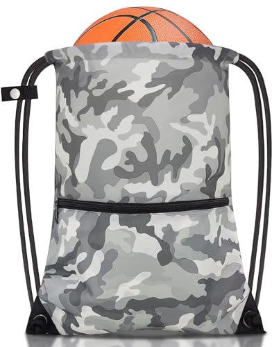 CALACH Rucksack mit Kordelzug, Sport, Turnbeutel, Yoga, Reisesack für Damen und Herren, große Größe mit Reißverschlusstaschen, Greycamo, Large, Militär